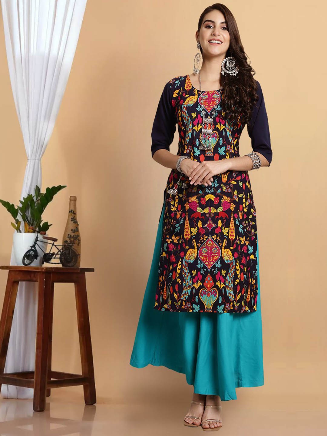 

1 Stop Fashion Ethnic Motifs Printed Round Crepe Straight Kurta, Navy blue