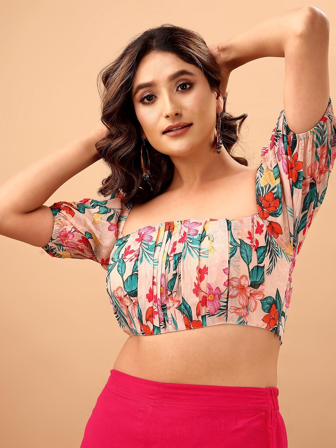 

SAZRIKA Floral Printed Saree Blouse, Peach