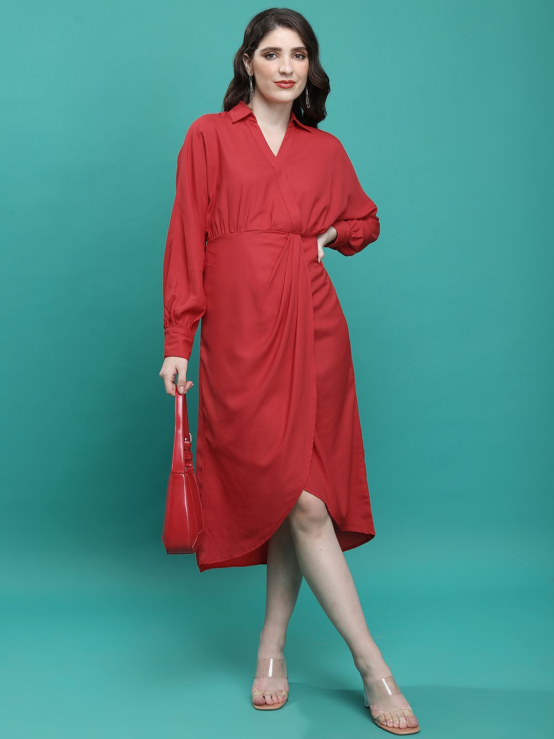 

Tokyo Talkies Shirt Collar Draped Wrap Midi Dress, Red