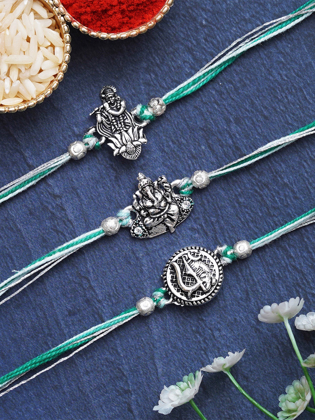 

eCraftIndia Unisex Set of 3 Lord Shiva & Ganesha Rakhi, Silver