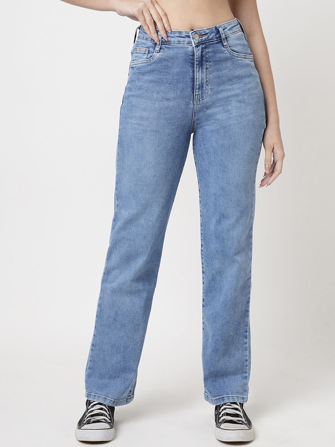 

Kraus Jeans Women Straight Fit High-Rise Heavy Fade Stretchable Jeans, Blue