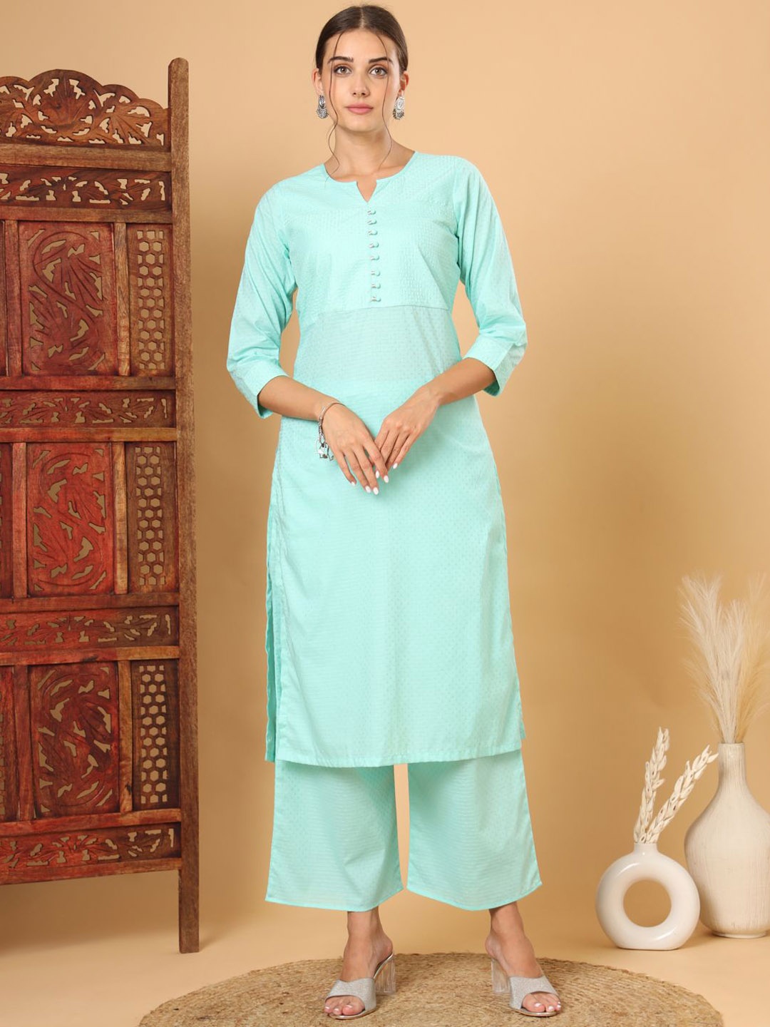 

Tissu Women Floral Regular Pure Cotton Kurta with Palazzos, Turquoise blue
