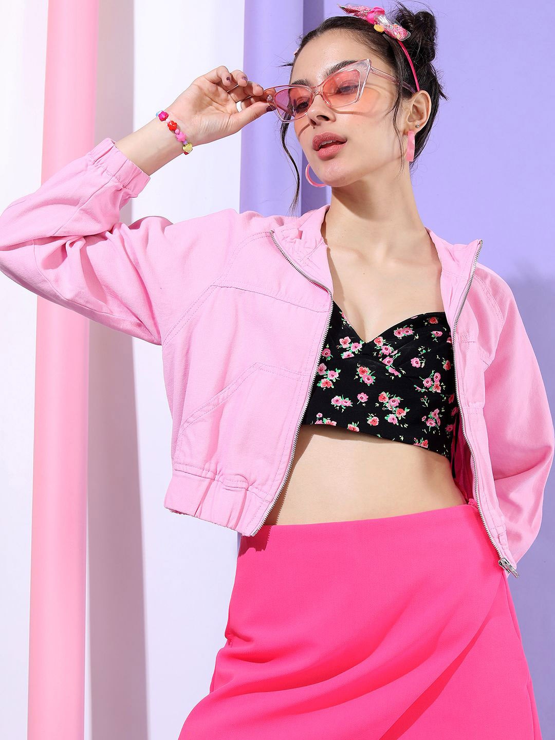 

Tokyo Talkies Women Floral Striped Longline Bomber with Embroidered Jacket, Pink