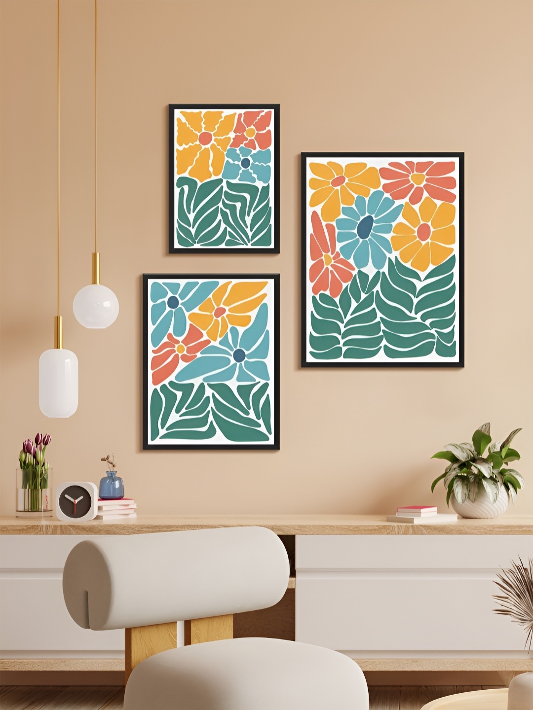 

999Store Yellow & Green 3 Piece Paper Floral and Botanical Wall Paintings