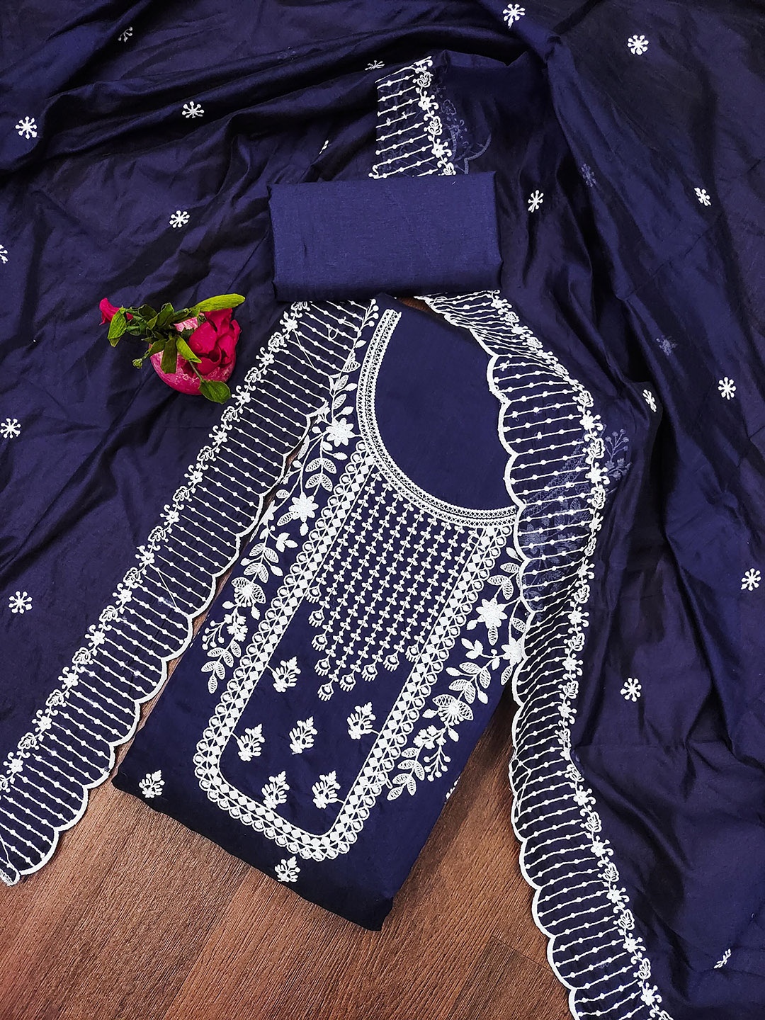

MANVAA Embellished Unstitched Dress Material, Navy blue