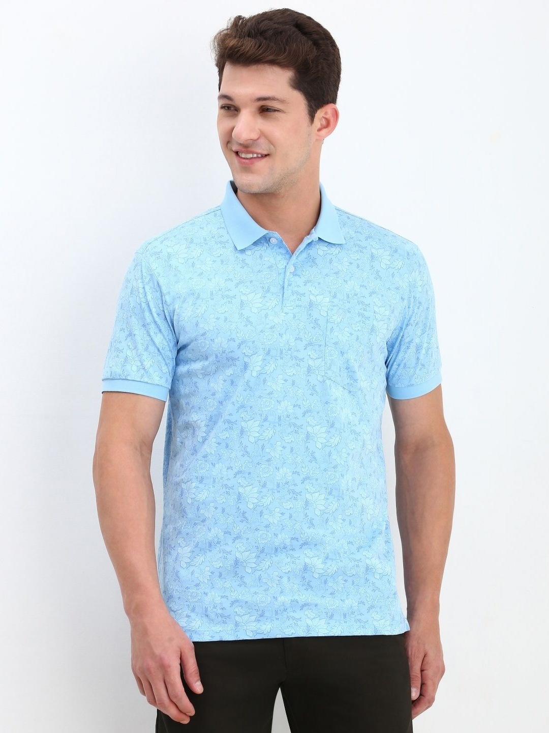 

Allen Solly Men Floral Polo Collar Tropical Pockets T-shirt, Blue
