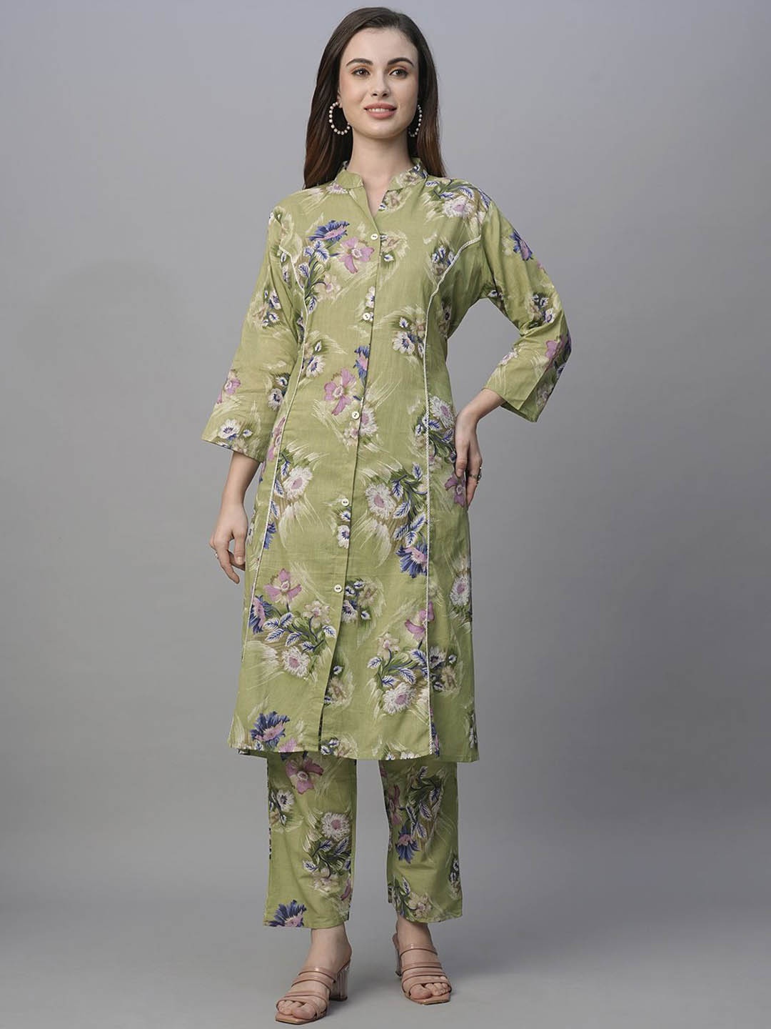 

KALINI Women Floral Printed Panelled Pure Cotton Kurta with Palazzos, Green