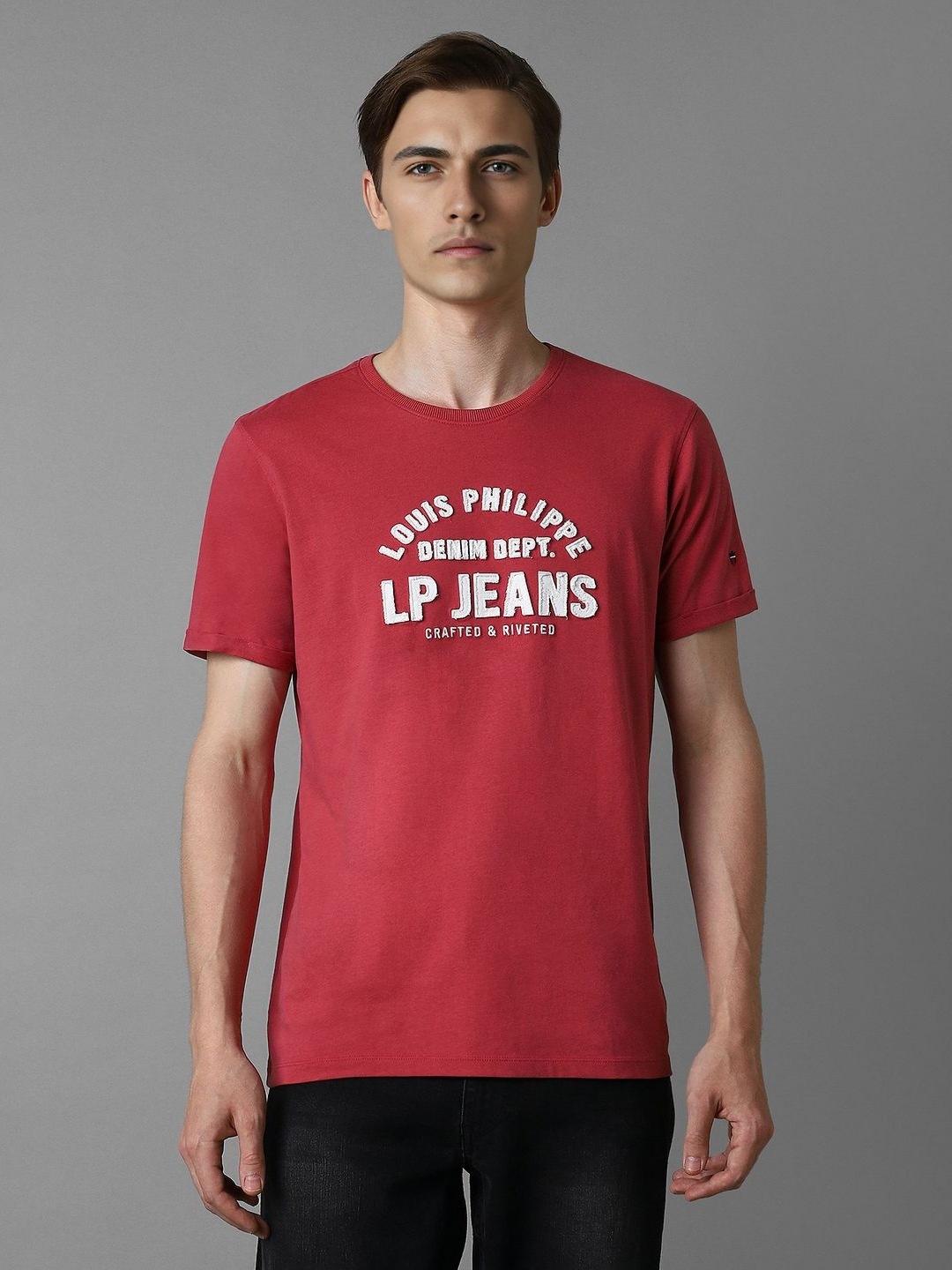 

Louis Philippe Jeans Men Typography Printed Applique Slim Fit T-shirt, Red