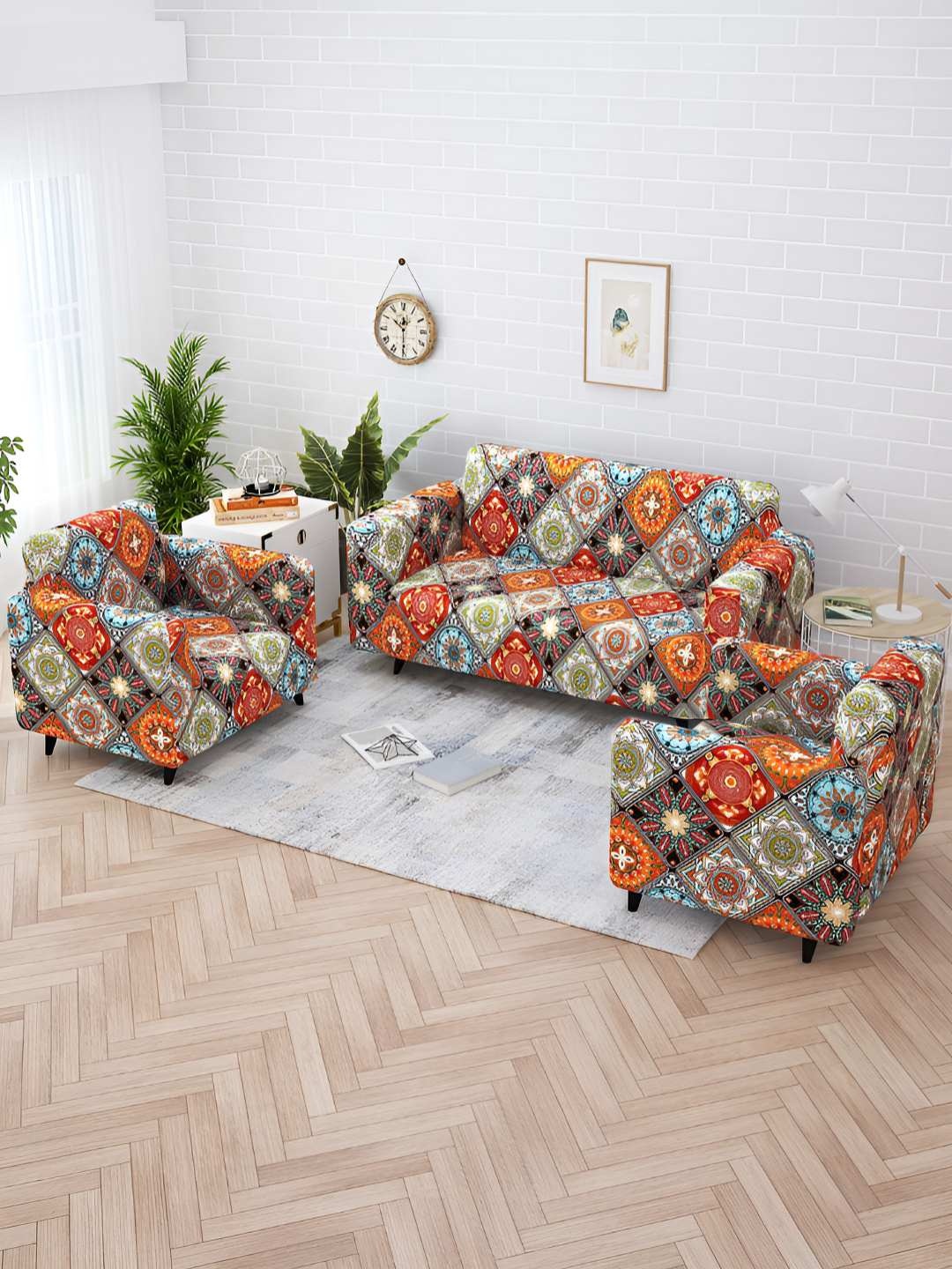 

Story@home Orange & Blue Printed 5 Seater Stretchable Sofa Cover With Arms