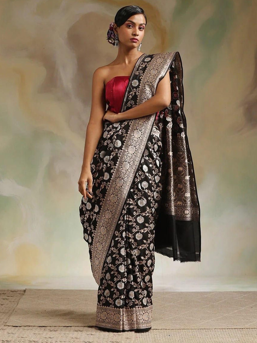 

Upalksh Woven Design Zari Silk Blend Palazzo Banarasi Saree, Black