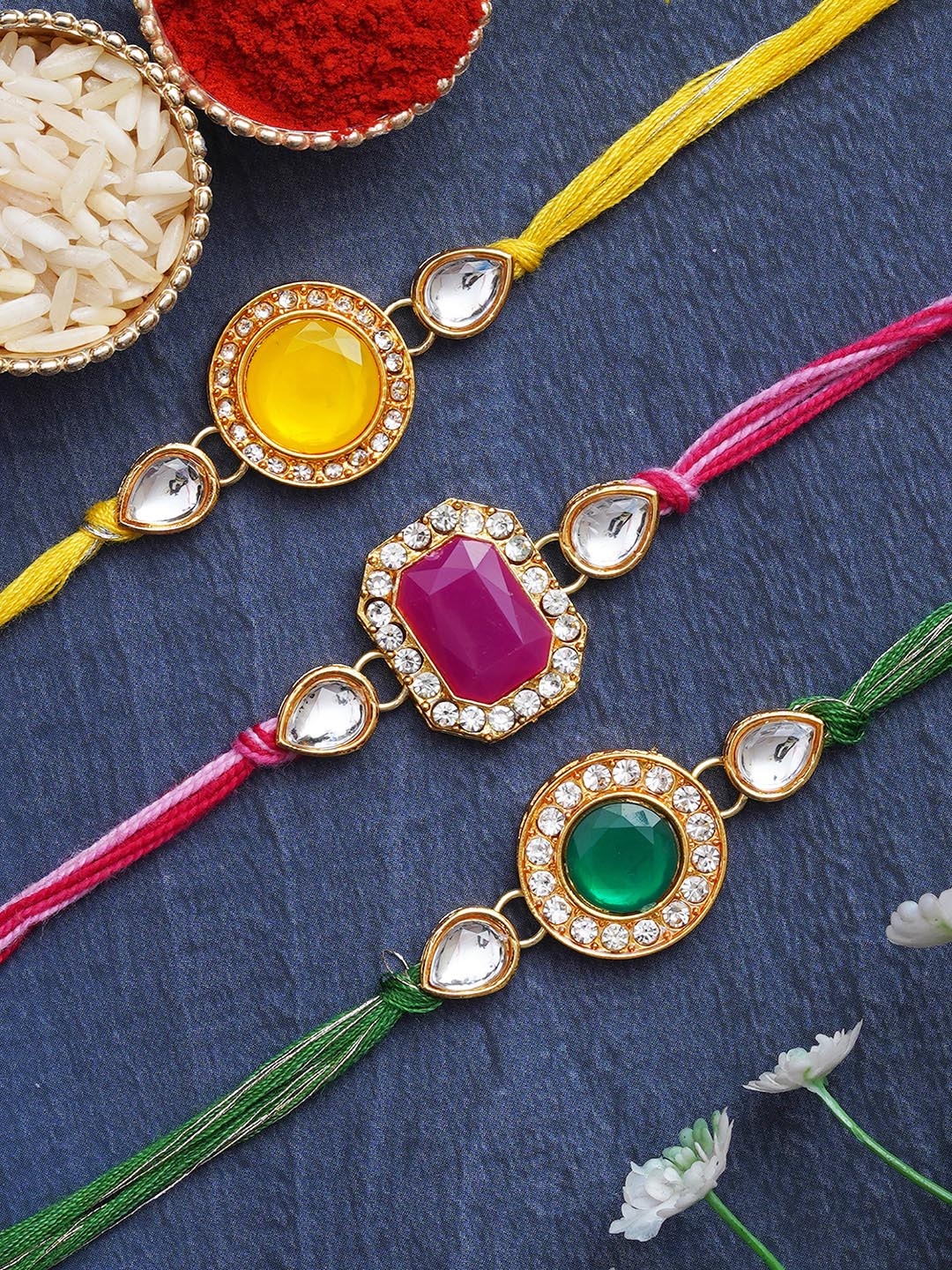 

eCraftIndia Set of 3 Kundan-Studded Designer Rakhis with Roli & Chawal, Yellow