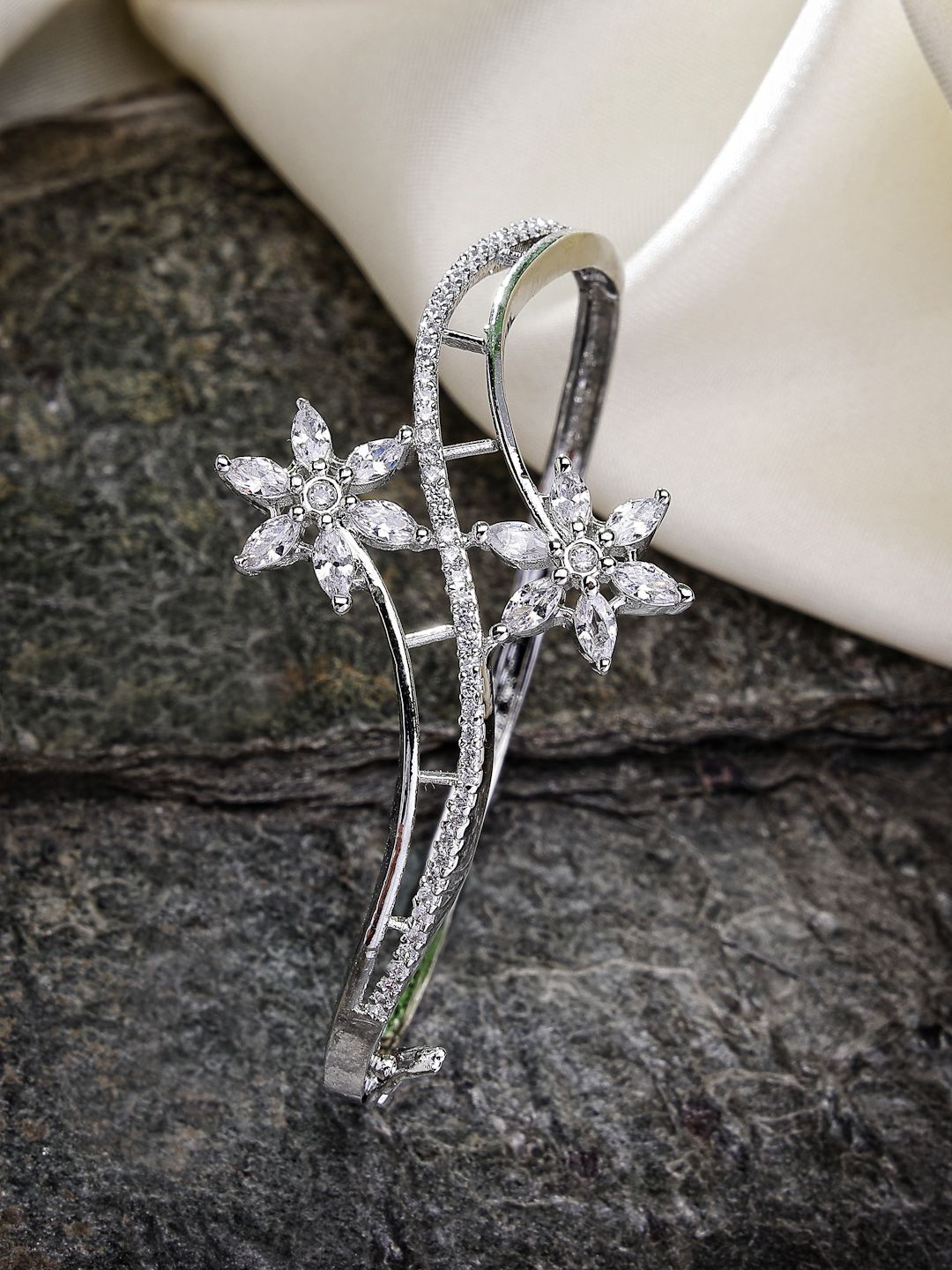 

ZENEME Rhodium Plated American Diamond Studded Kada Bracelet, Silver