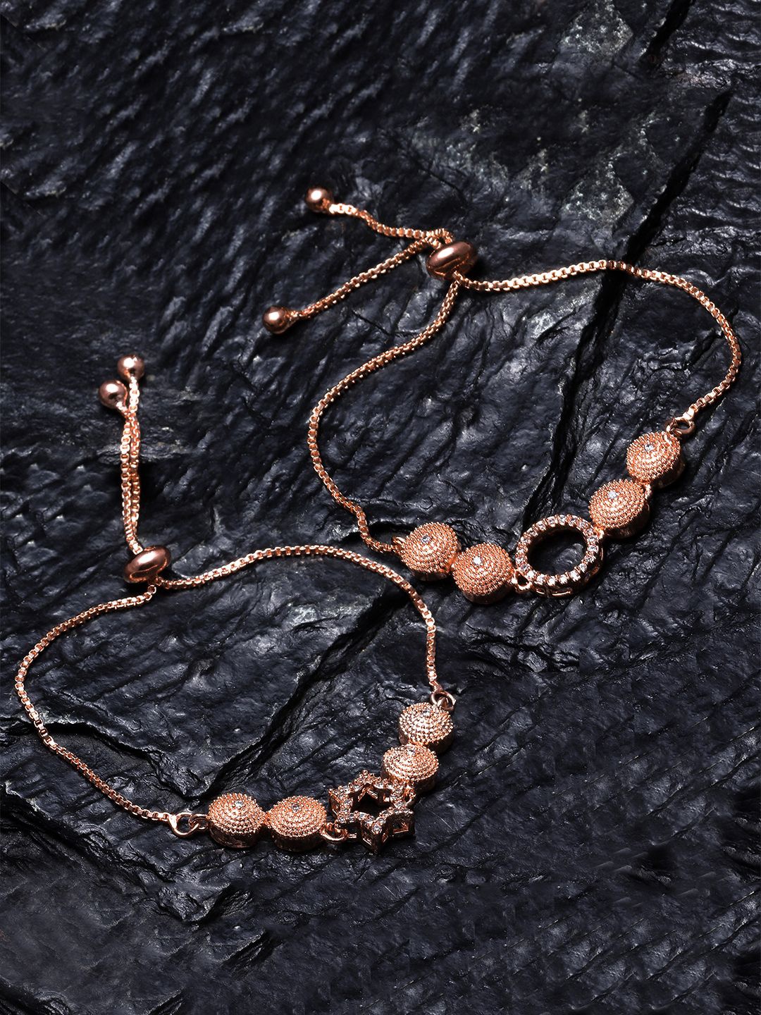 

ZENEME Set Of 2 Rose Gold Plated Cubic Zirconia Studded Wraparound Bracelet