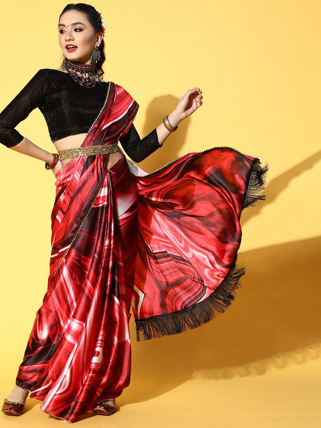 

KIMISHA Satin Abstract Printed Saree, Red