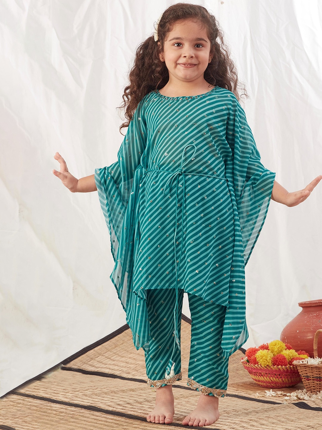 

Vivedkids Girls Leheriya Printed Sequinned Flared Sleeves Kaftan Kurta With Trousers, Blue