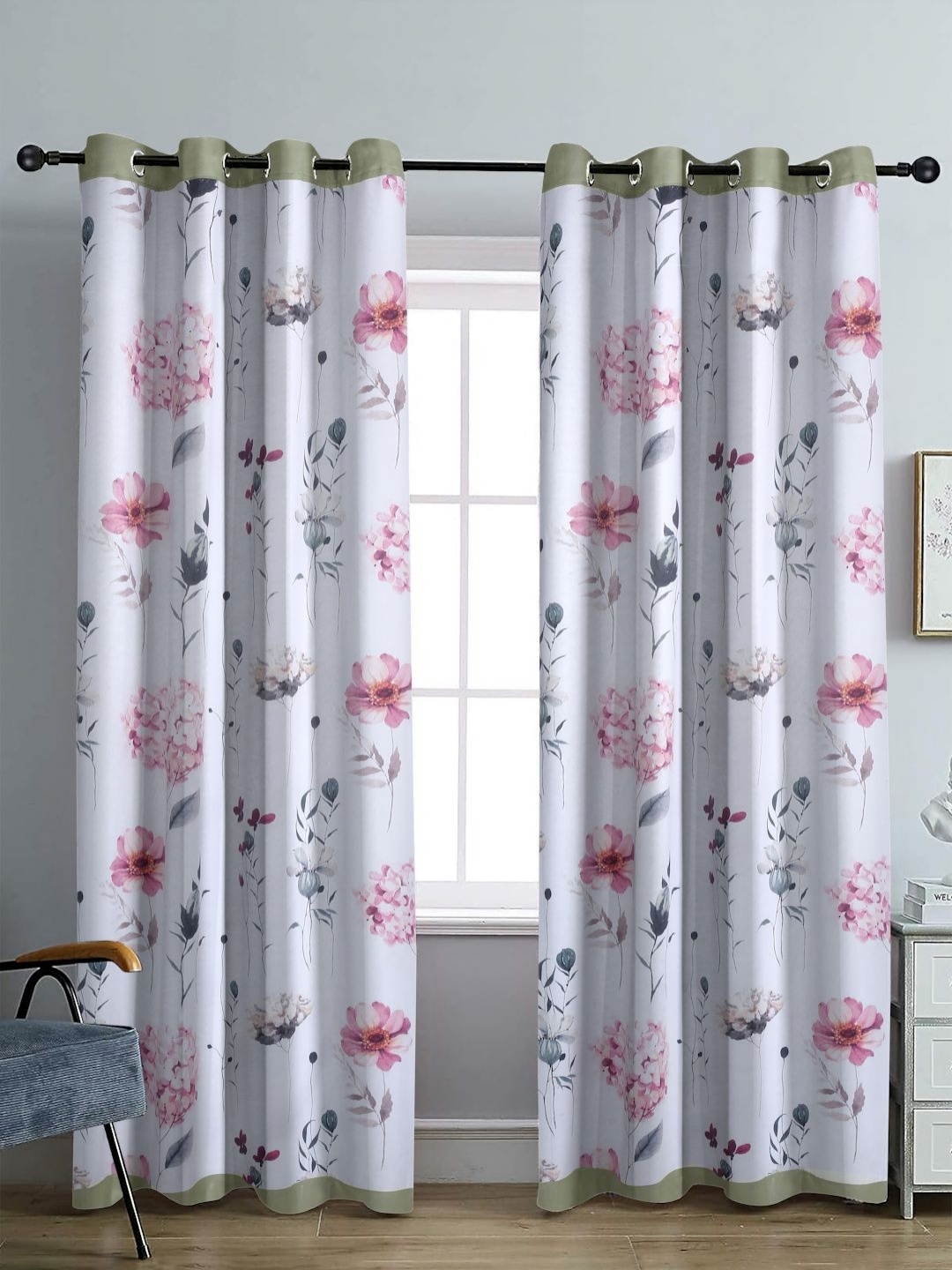 

Aura White & Green Set of 2 Floral Black Out Door Curtain