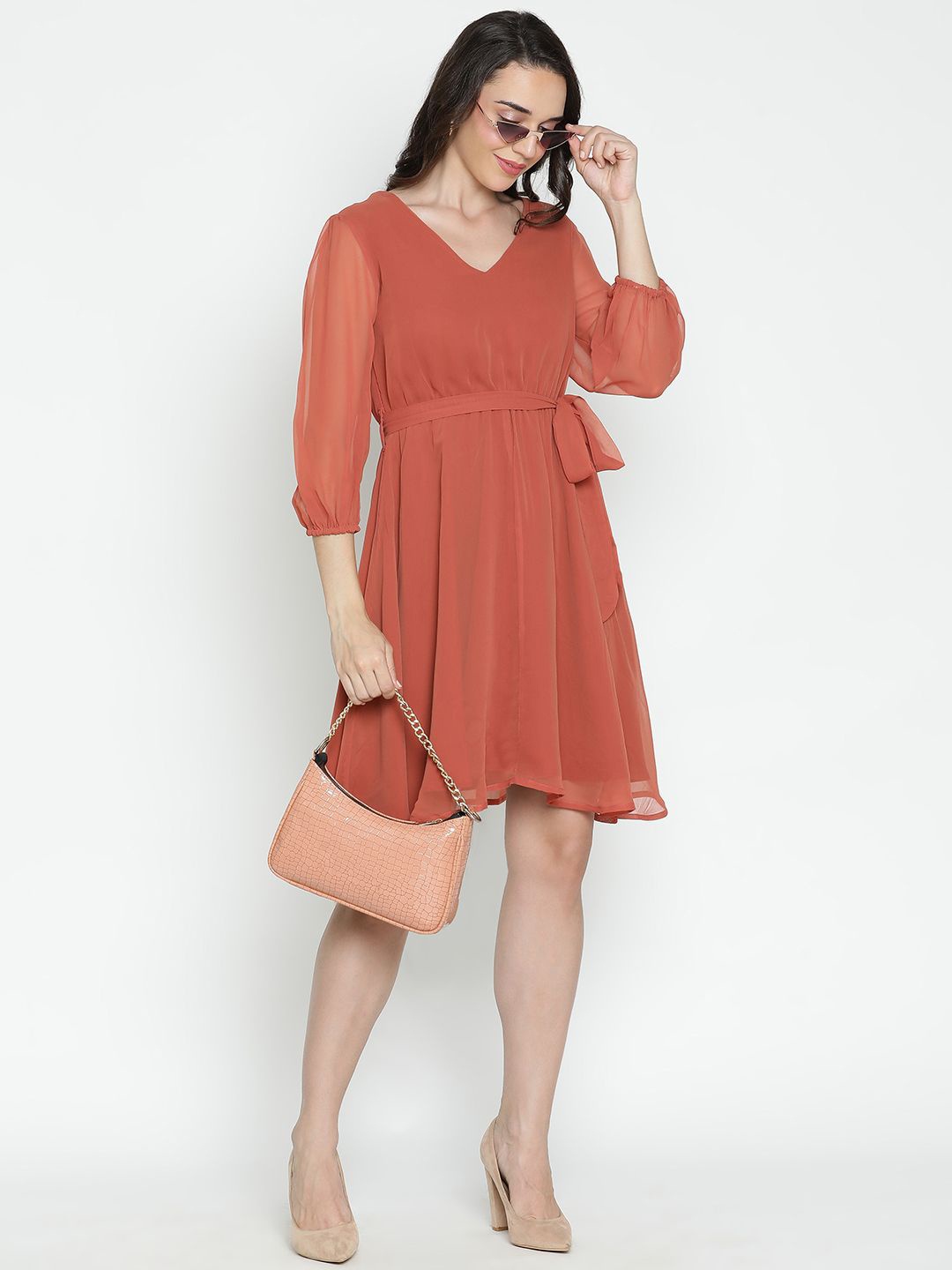 

DRAAX Fashions V-Neck Puff Sleeve Fit & Flare Dress, Brown