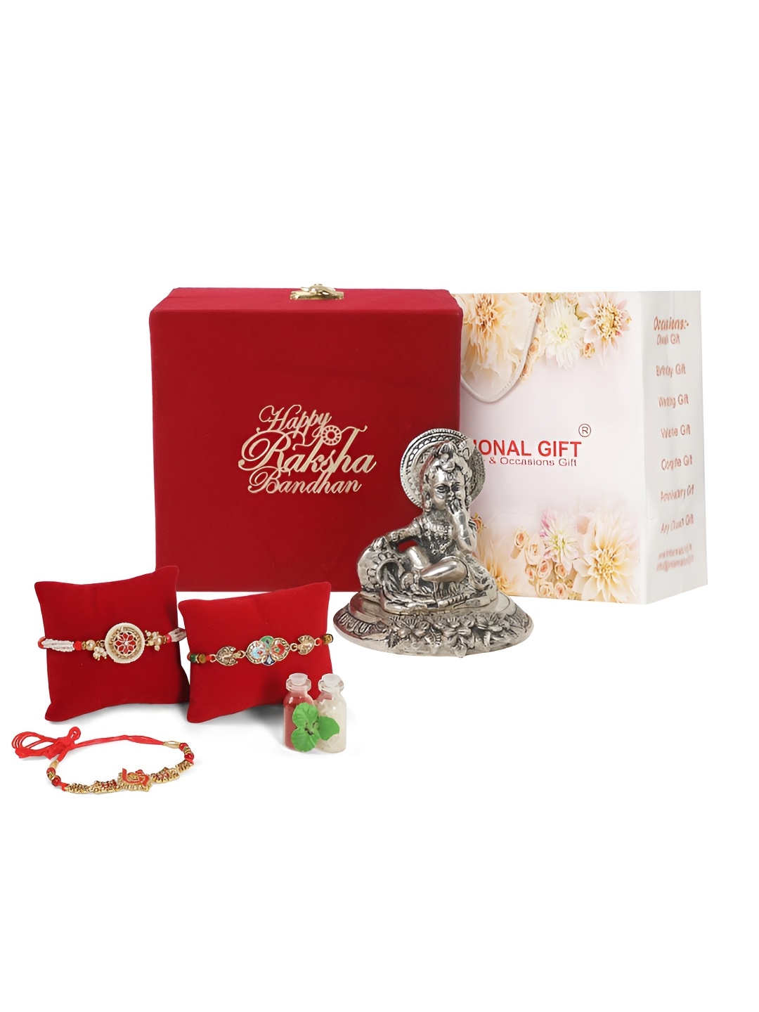 

INTERNATIONAL GIFT Set Of 3 Rakhi Gift Set with Silver Laddu Gopal God Idol