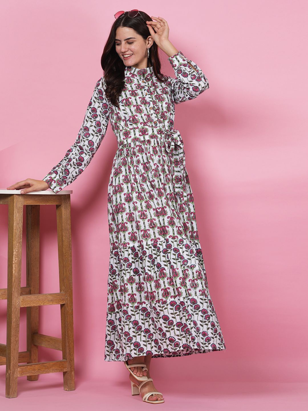 

LABEL KRISHA Ethnic Motifs Printed Tiered Maxi Dress, White