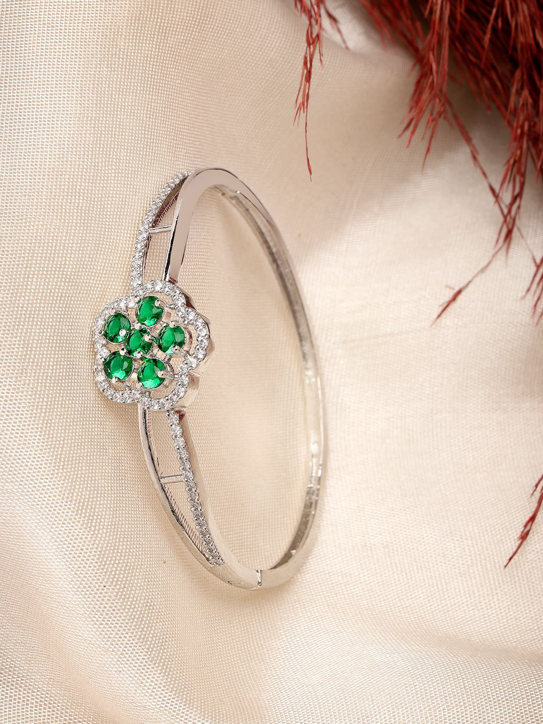 

ZENEME Rhodium Plated American Diamond Studded Bangle-Style Bracelet, Silver