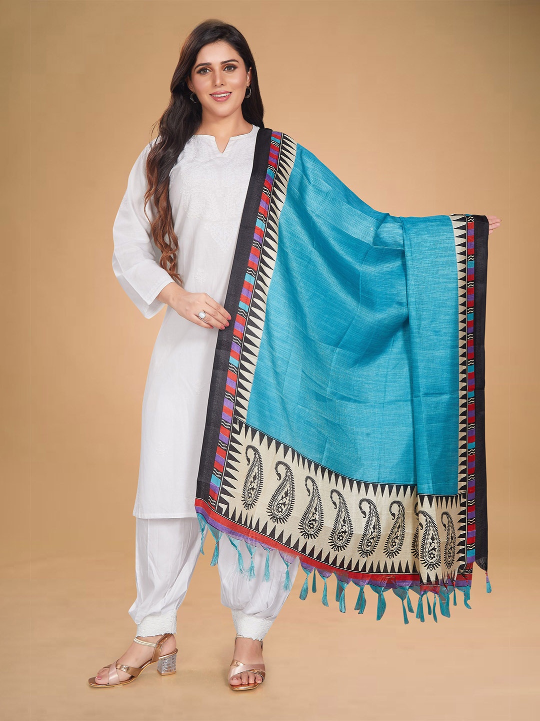 

Rani Saahiba Ethnic Motifs Printed Art Silk Dupatta, Turquoise blue