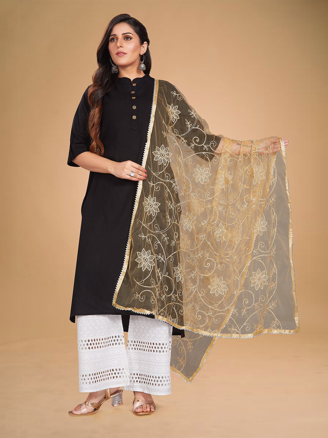 

Rani Saahiba Embroidered Dupatta with Zari, Beige