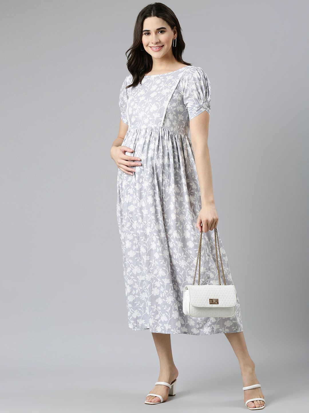 

Swishchick Ethnic Motifs Print Maternity A-Line Midi Dress, Grey