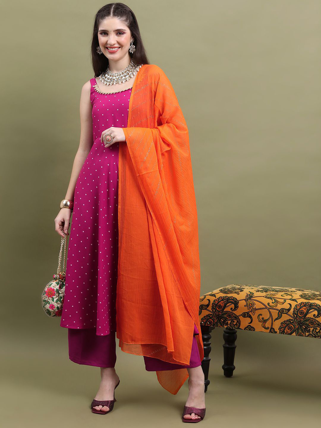 

Vishudh Women Bandhani Printed Regular Gotta Patti Kurta with Palazzos & With Dupatta, Magenta