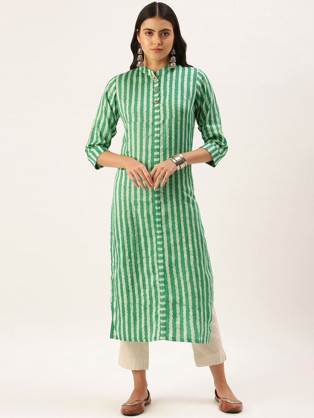 

HRITIKA Women Striped Flared Sleeves Mirror Work Handloom Kurta, Green