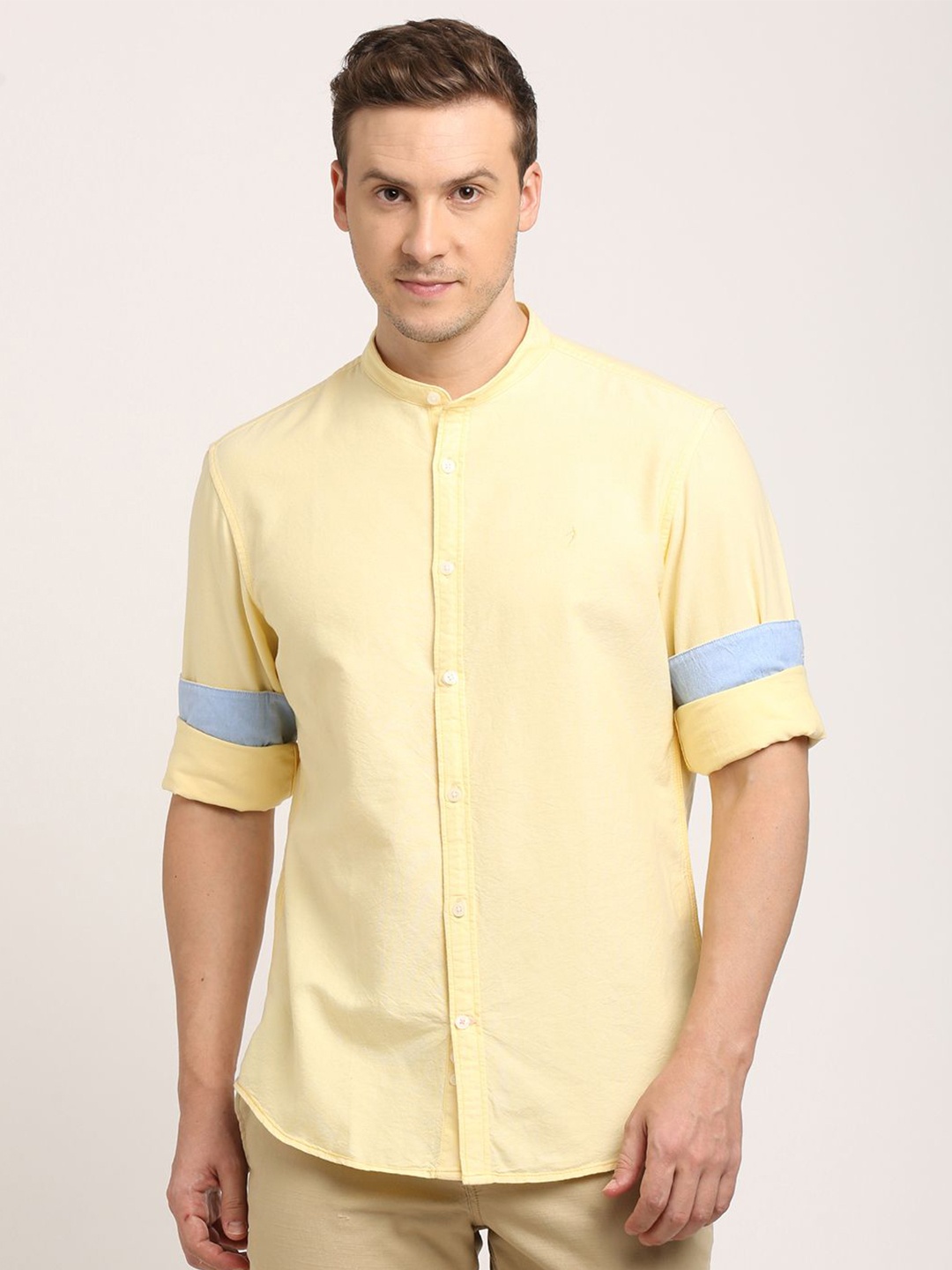 

Indian Terrain Men Classic Band Collar Solid Cotton Casual Shirt, Yellow
