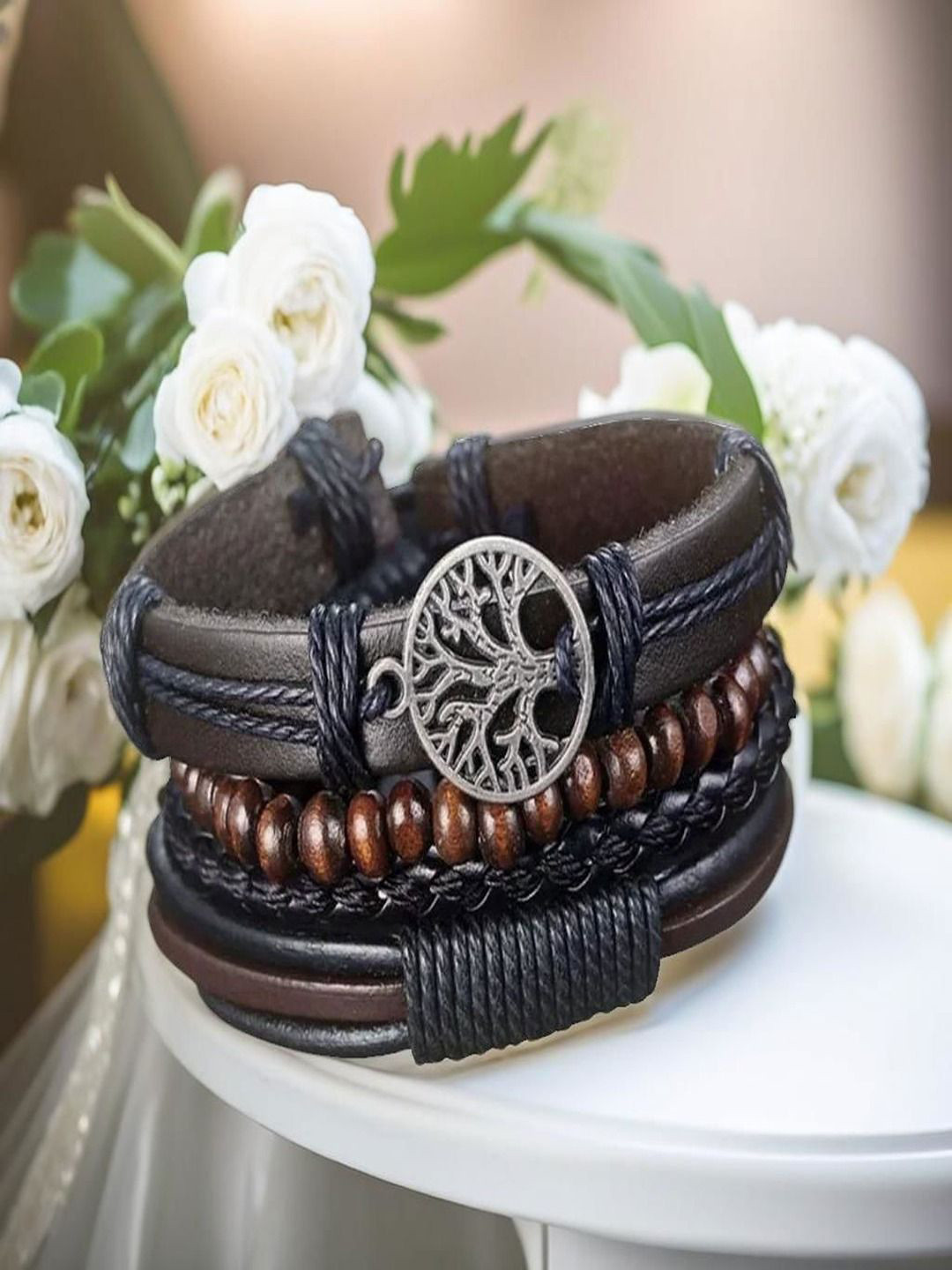 

UNIVERSITY TRENDZ Men Set of 4 Beaded & Leather Wraparound Bracelets, Black