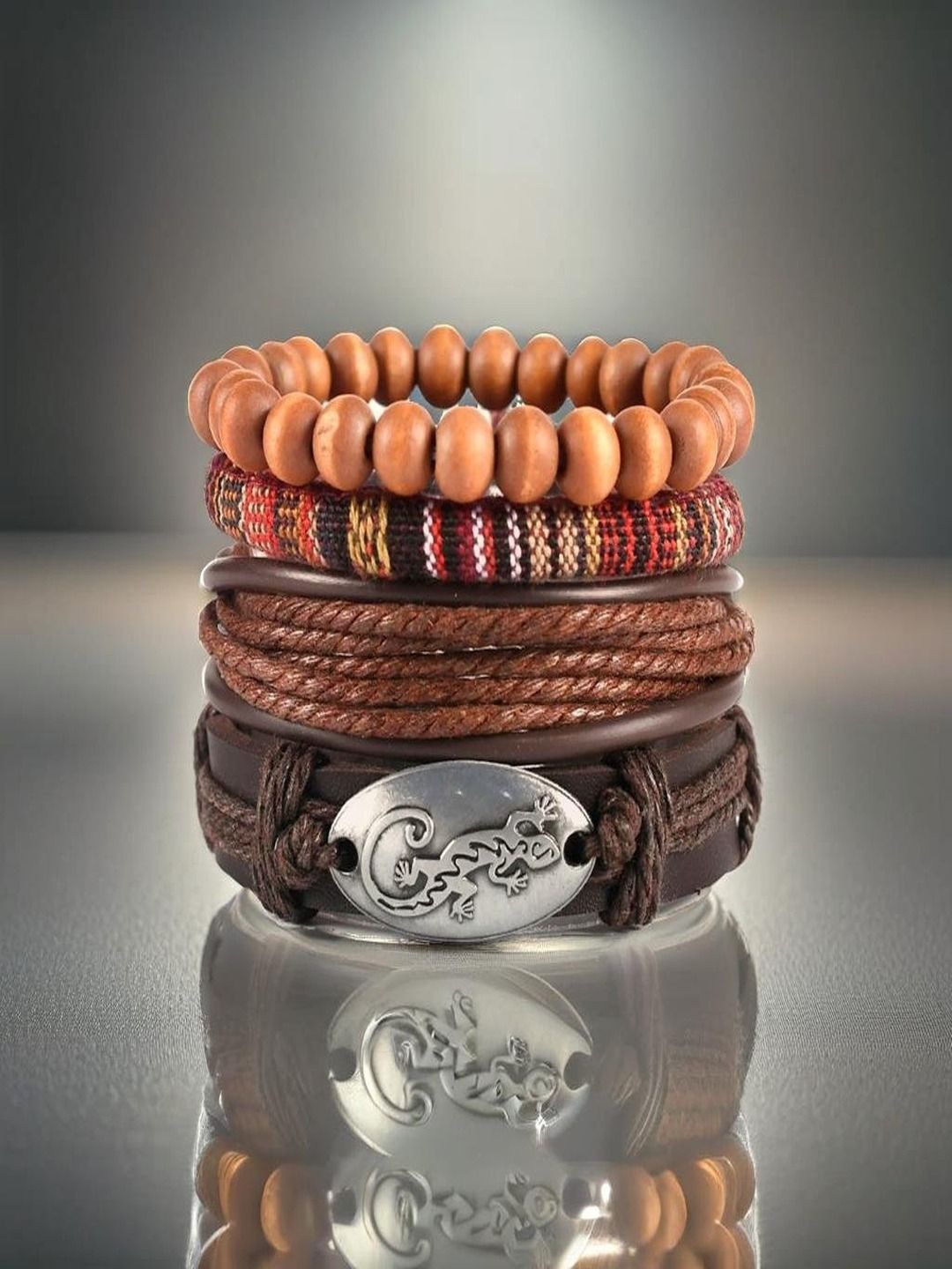 

UNIVERSITY TRENDZ Men Oxidised Silver Lizard Leather & Beaded Multistrand Bracelet