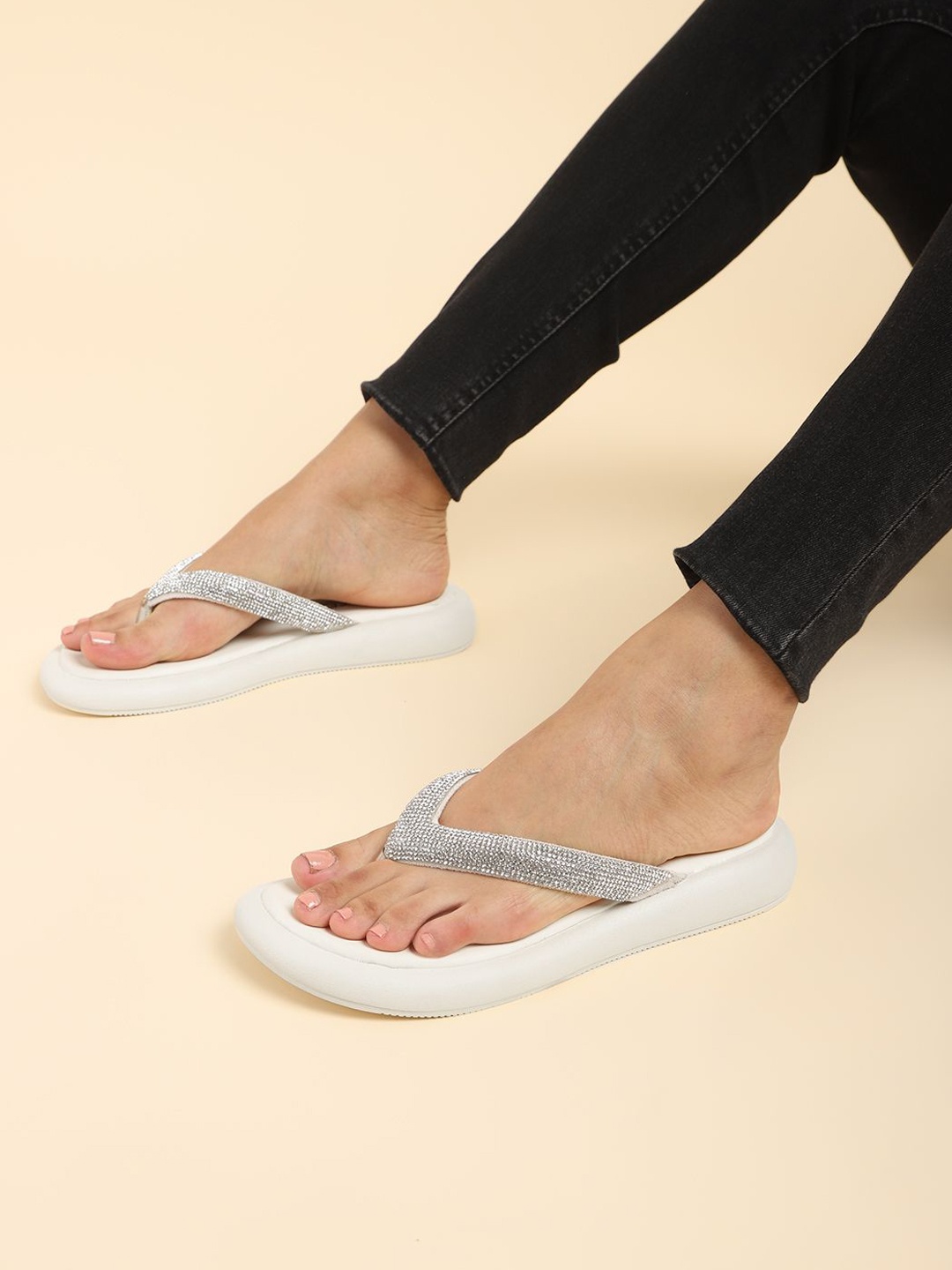 

Truffle Collection Women Embellished Open Toe Flats, Off white