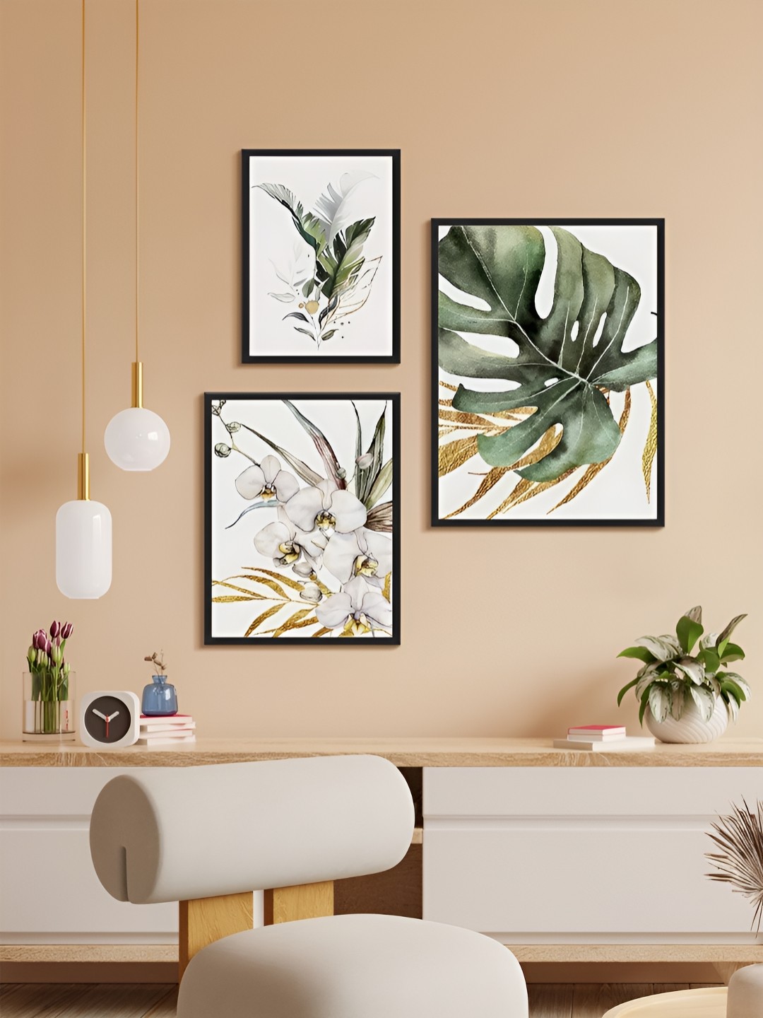 

999Store Grey & Green 3 Piece Paper Floral and Botanical Wall Paintings