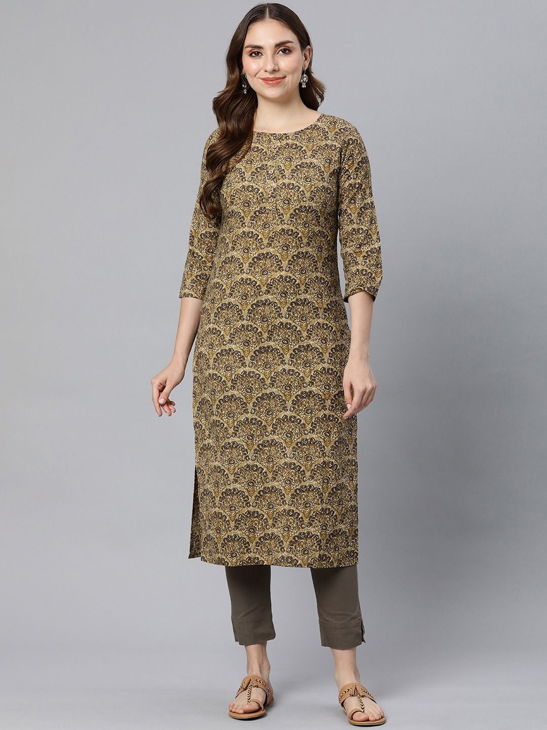 

HRITIKA Women Printed Gotta Patti Handloom Kurta, Olive