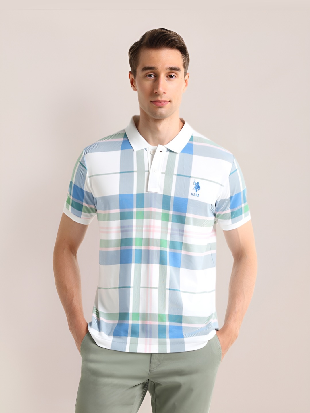 

U.S. Polo Assn. Men Checked Polo Collar Applique Slim Fit T-shirt, White