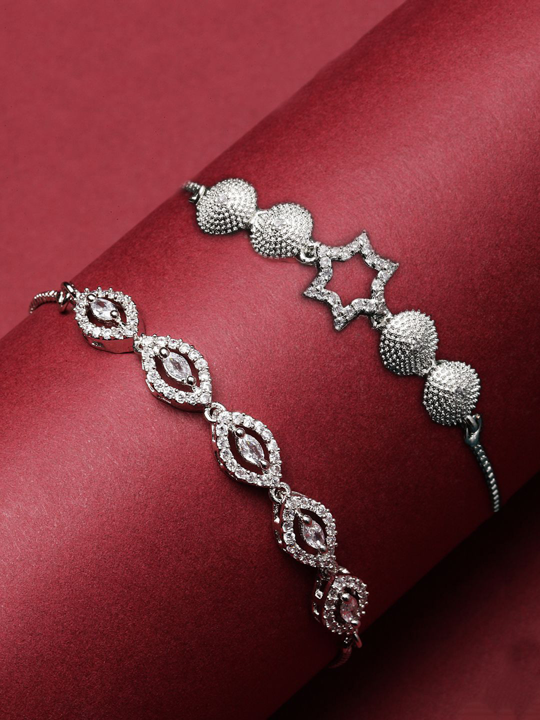 

ZENEME Set Of 2 Rhodium-Plated American Diamond Charm Bracelet, Silver