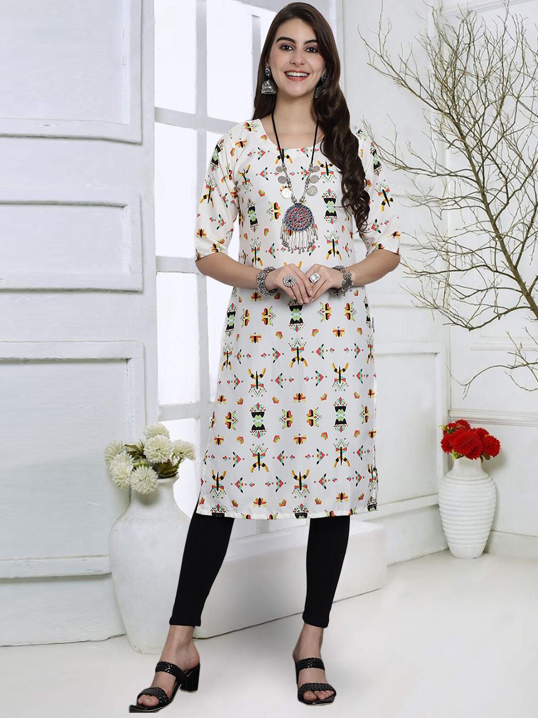 

7Threads Abstract Printed Round Neck Straight Kurta, White