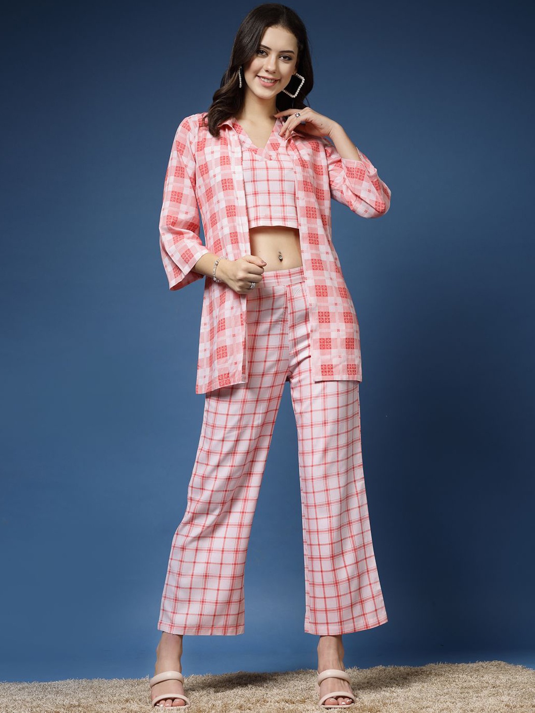 

DAEVISH Checked CropTop & Trouser & Shrug Co-Ords, Pink