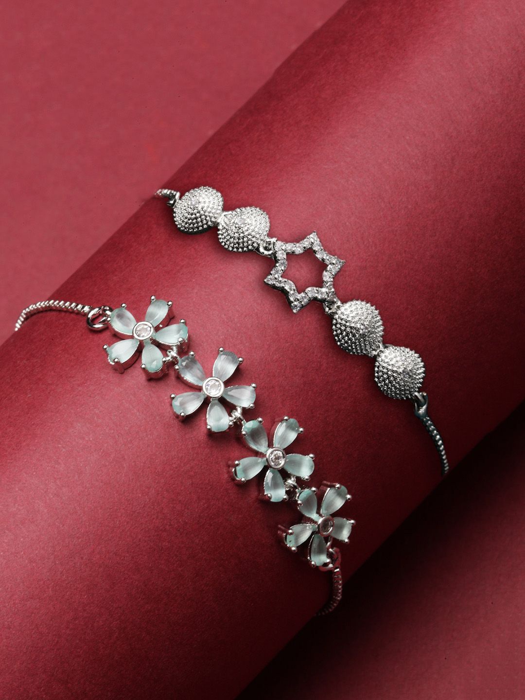 

ZENEME Set Of 2 Rhodium-Plated American Diamond Charm Bracelet, Silver
