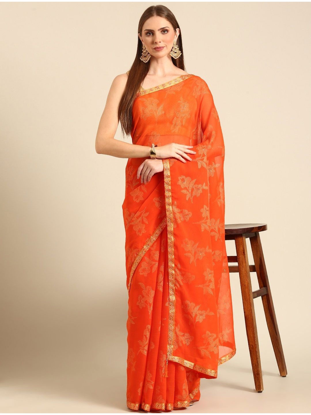 

all about you Floral Woven Design Zari Saree, Orange