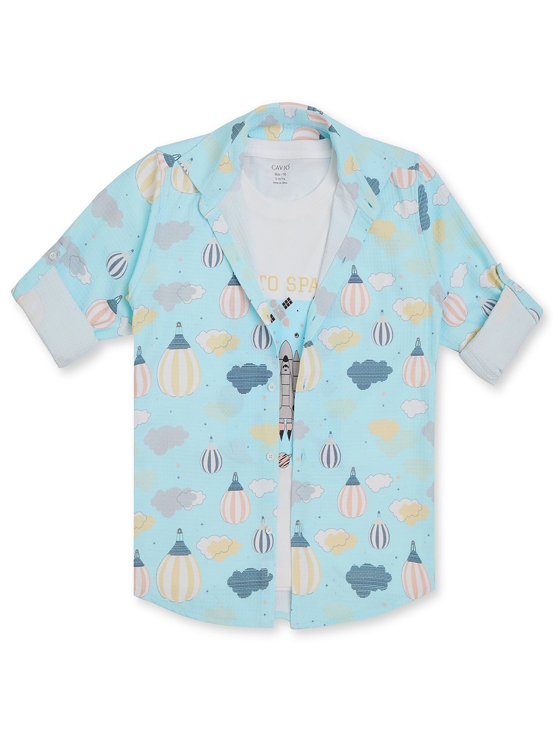 

CAVIO Boys Spread Collar Graphic Printed Cotton Casual Shirt & T-Shirt, Blue