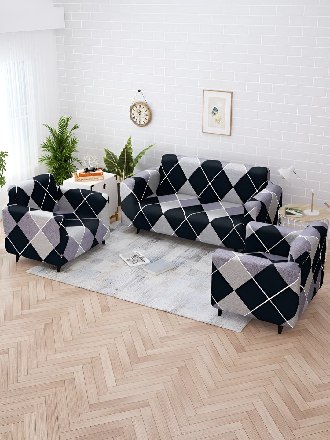 

Story@home Navy Blue & Grey Printed 5 Seater Stretchable Sofa Cover With Arms