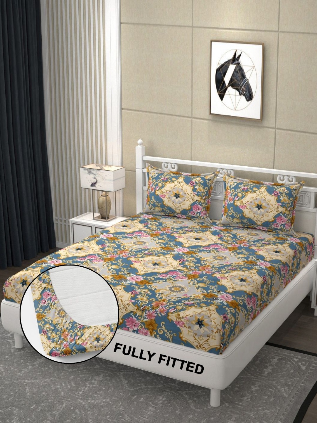 

FINE TEX WORLD Blue & Yellow 210 TC King Bedsheet with 2 Pillow Covers