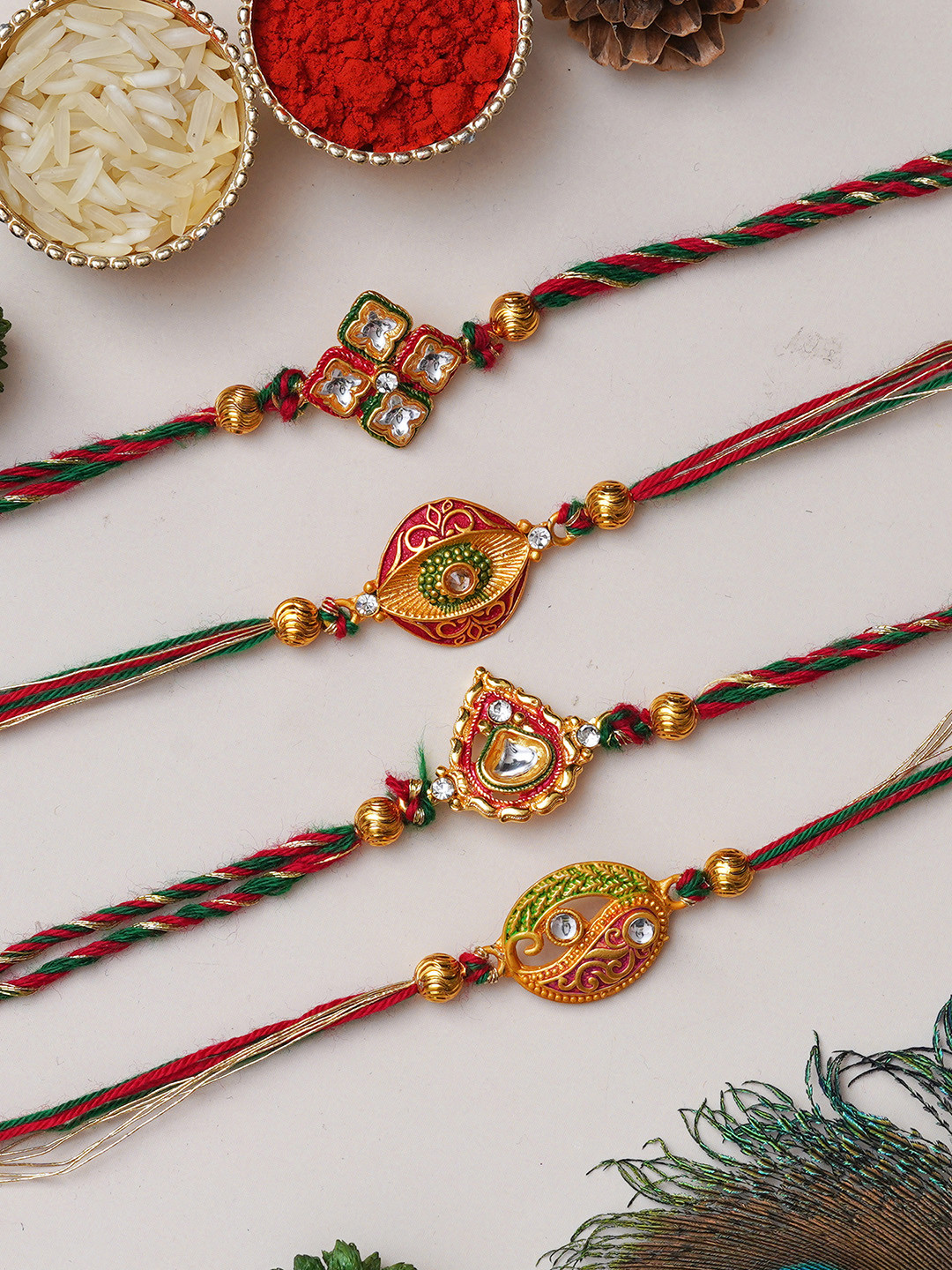 

eCraftIndia Set of 4 Floral Designer Rakhis With Roli Chawal, Red