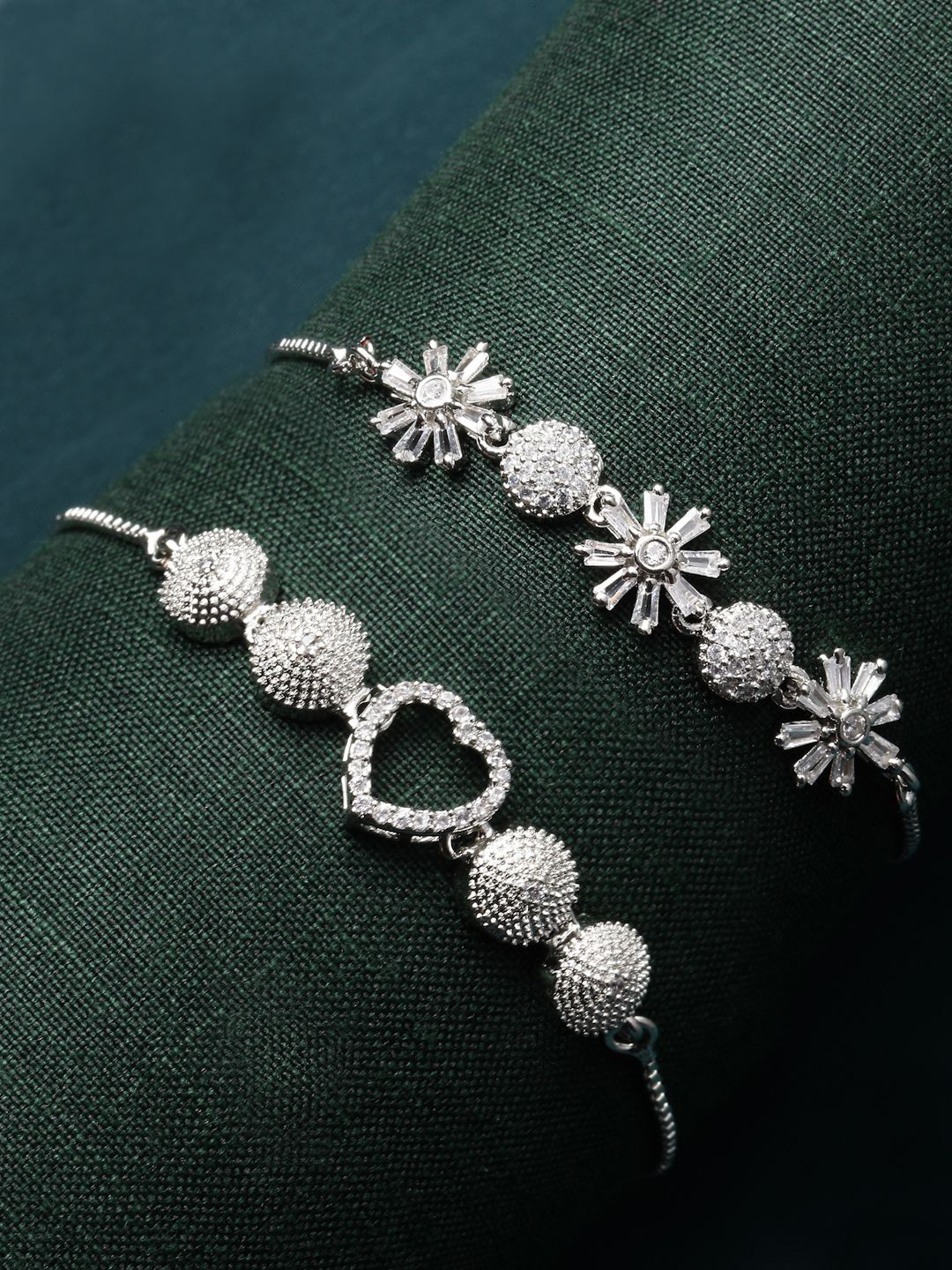 

ZENEME Set Of 2 Rhodium-Plated American Diamond Wraparound Bracelet, Silver