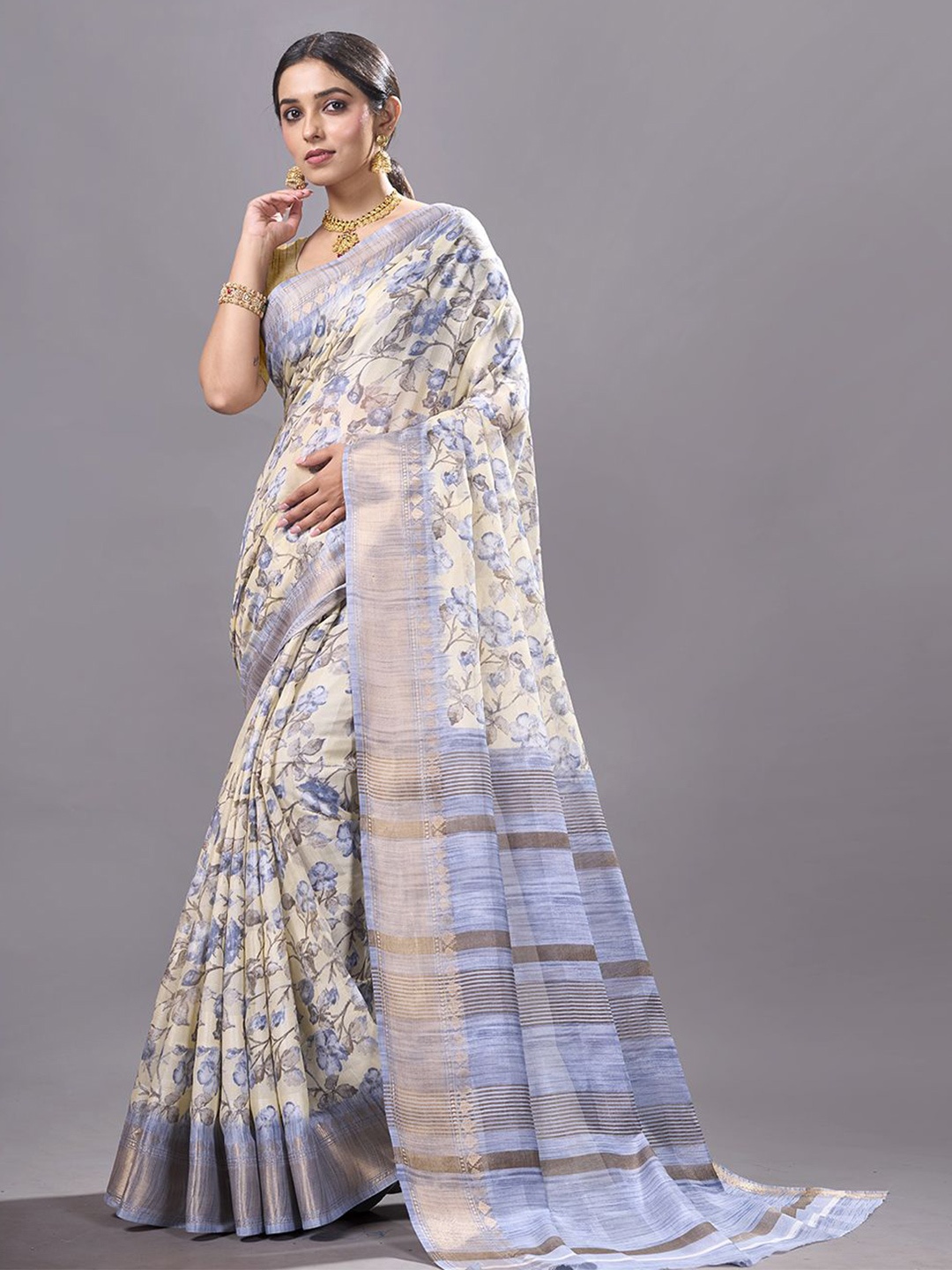 

NIRMAL CREATION Floral Printed Pure Cotton Saree, Blue