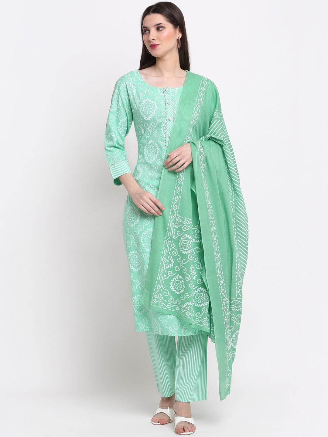 

KALINI Women Bandhani Printed Regular Gotta Patti Kurta with Trousers & With Dupatta, Green