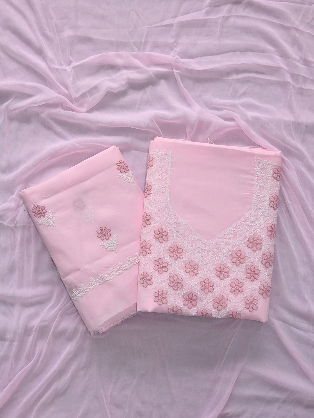 

Seva Chikan Embroidered Unstitched Dress Material, Pink