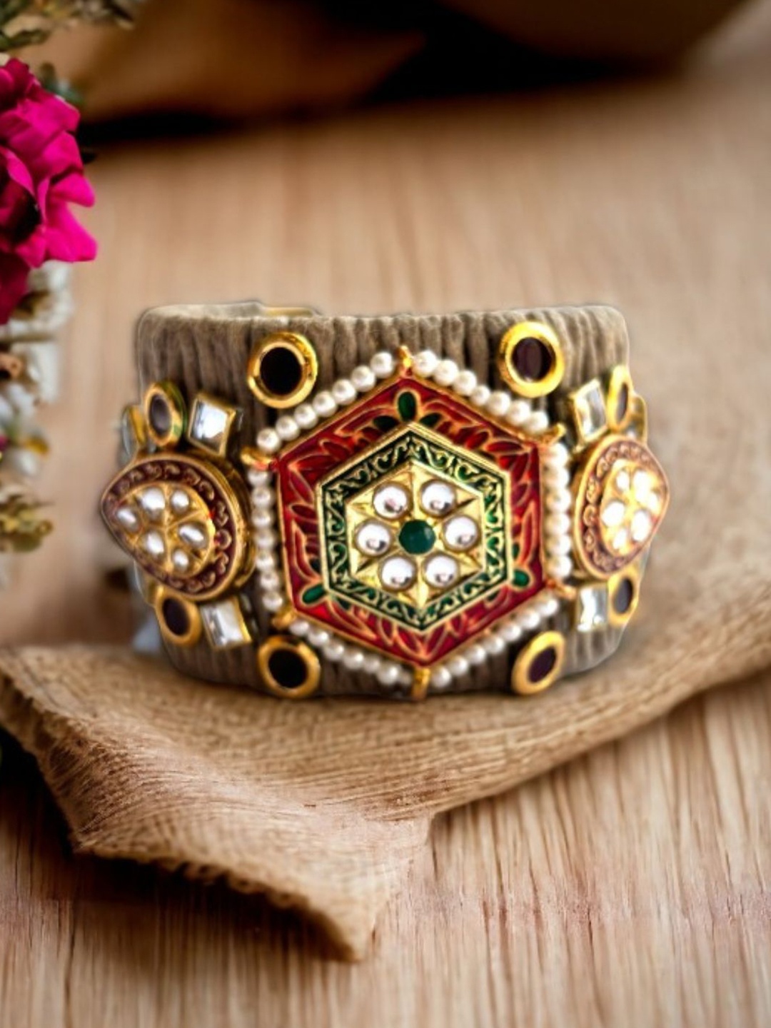 

VIVAZS Kundan Gold-Plated Cuff Bracelet